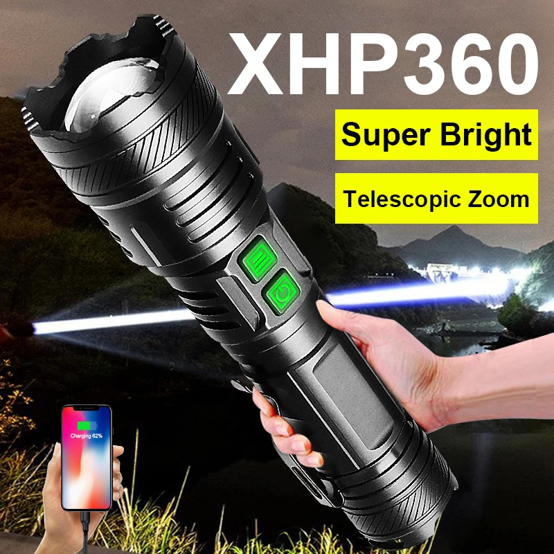 XHP360Super Svetlé Baterka Vonkajšie Spoplatnené Poľovnícke Táborenie Handlamp Vysoký Výkon Dlhý Záber Svietidla Nepremokavé Taktické Horák